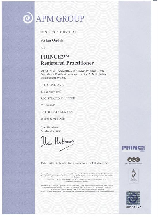 certifikát PRINCE2 Registered Practitioner Štefan Ondek 2009-2014